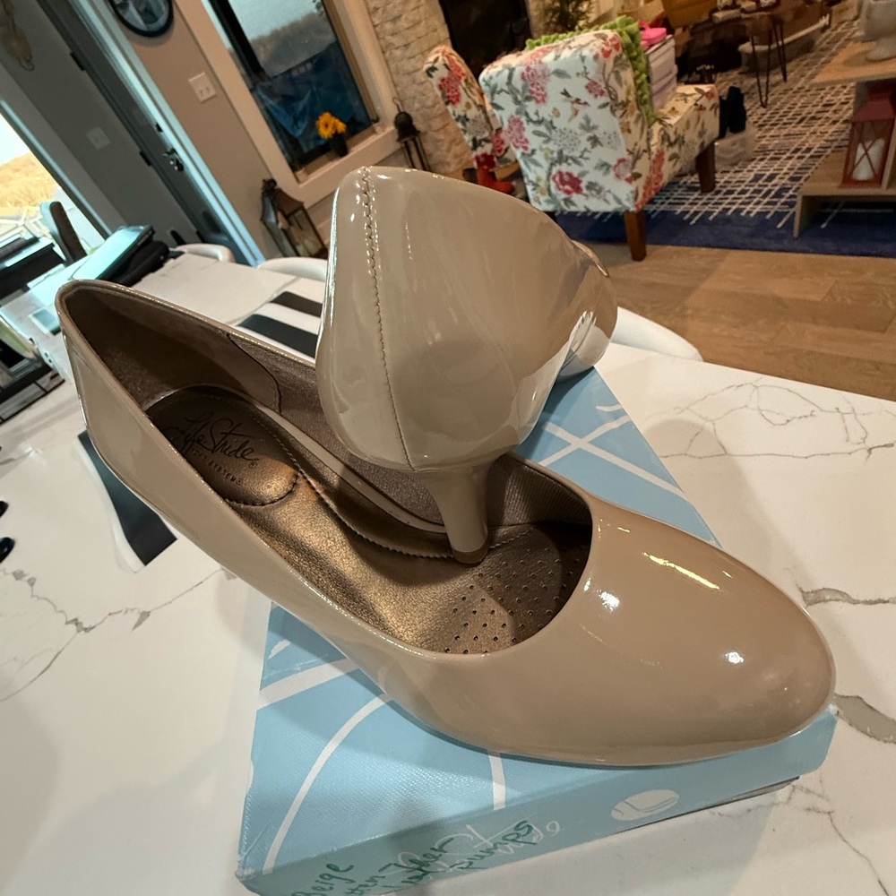 Life Stride Patent Taupe Mid Heel Pumps